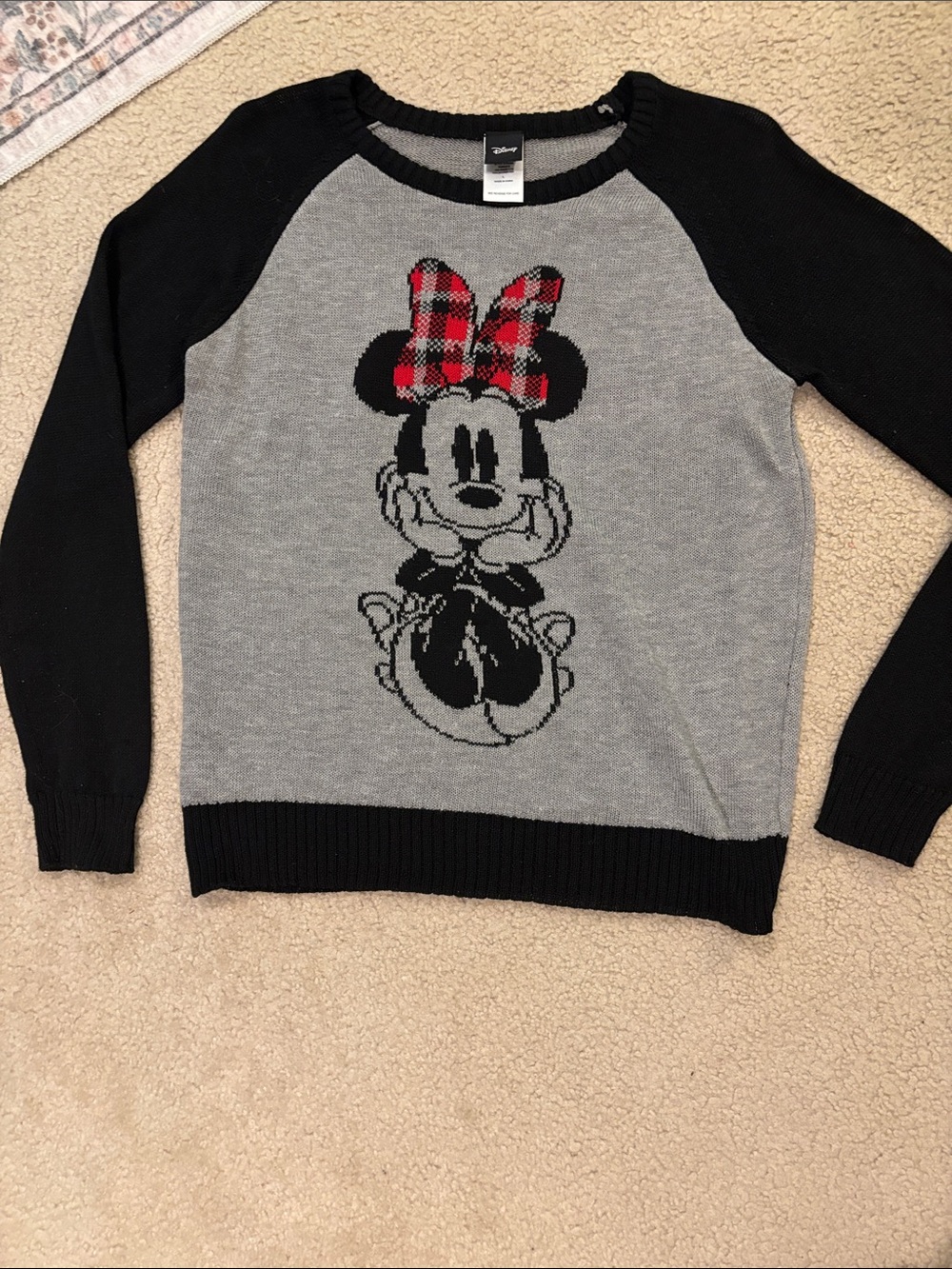 Disney Gray & Black Sweater with Red Plaid Minnie Bow